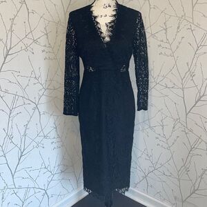 ASOS Petite Black Lace V Neck Long‎ Sleeve Midi Sheath Dress